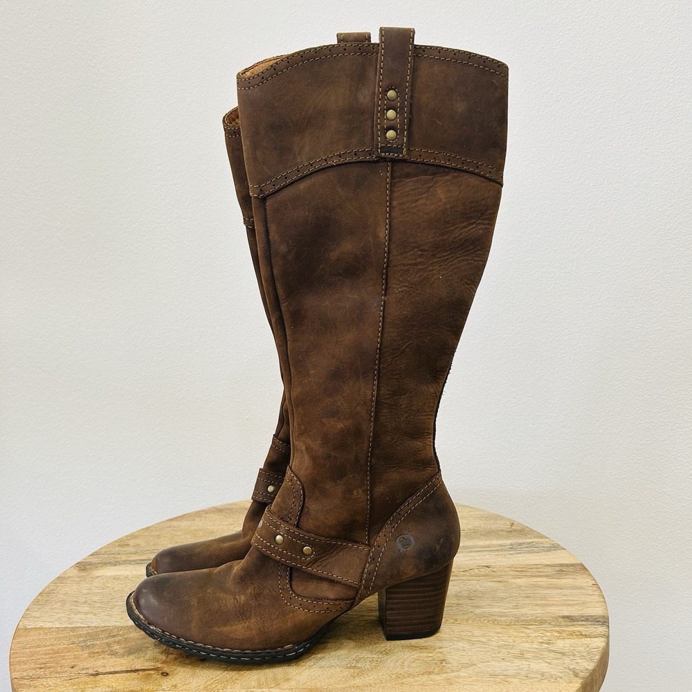 Born Brown Leather Side Zip Knee High Studded Chunky Heel Boots Women's 8 Boho